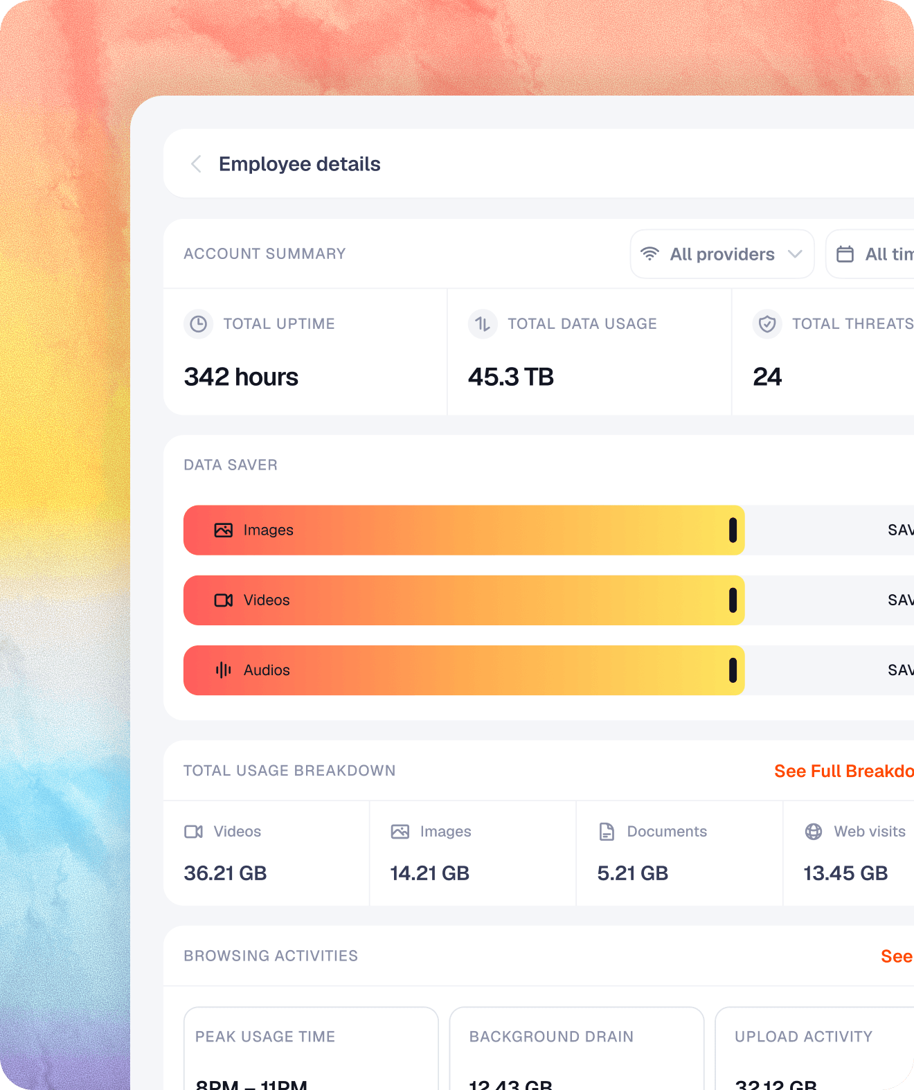 Badger dashboard showing employee network activity and data usage